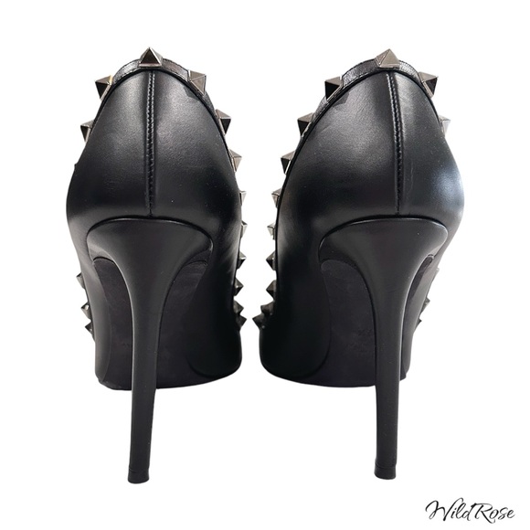 VALENTINO GARAVANI Black Noir Leather Pointy Toe Rockstud Heels SZ 37.5 - Picture 12 of 17